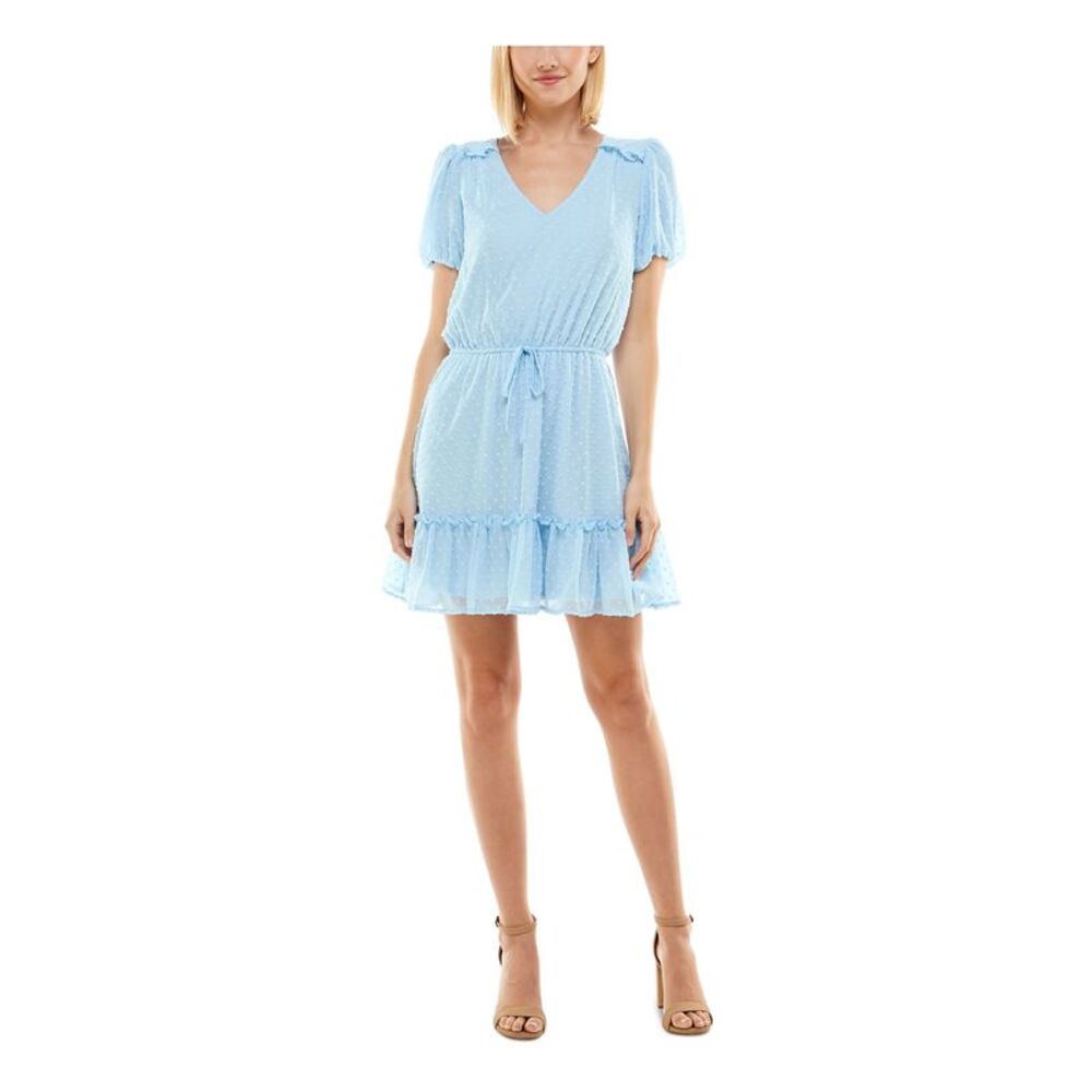 CRYSTAL DOLLS Womens Short Dress Light Blue Tie Waist Lined Juniors XS
